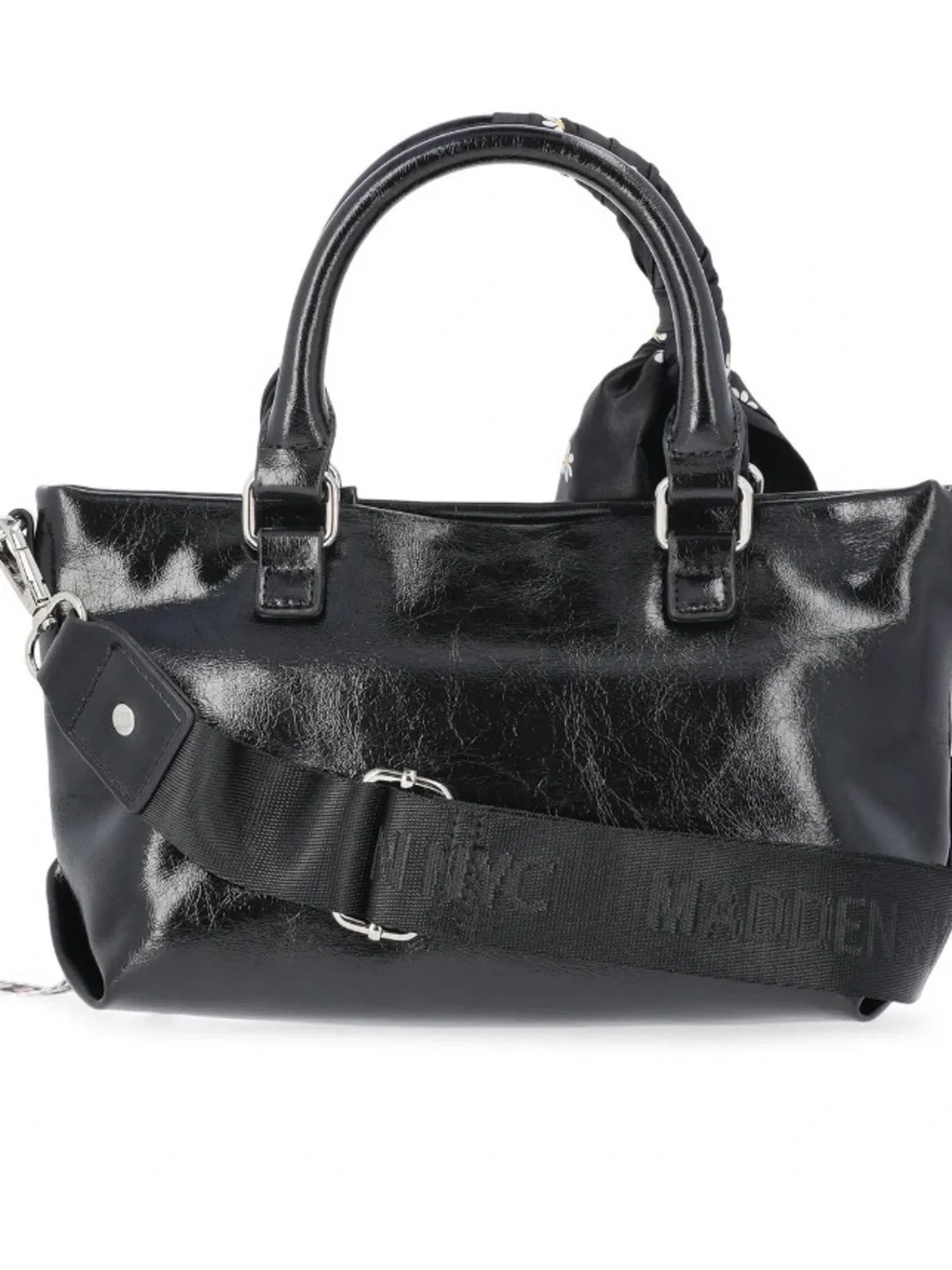 Madden NYC Black Patent Leather Satchel with Pearl Charm